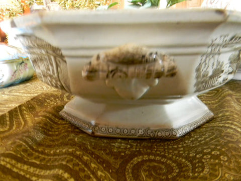 Antique Brown Staffordshire Transferware Handled Footed Bowl Chinese Motif RARE