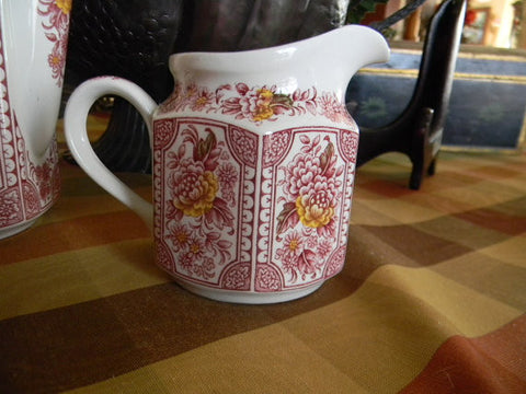 Red English Ironstone Transferware Canterbury Creamer Pitcher Handpainted Flowers