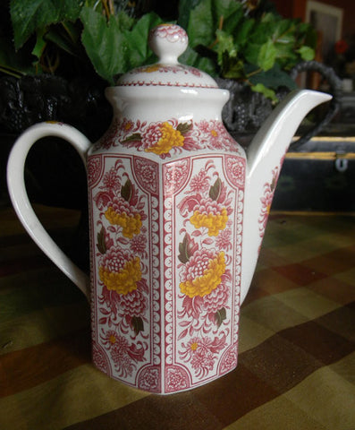 Red English Ironstone Transferware Canterbury Coffee Pot Coffeepot Handpainted Flowers