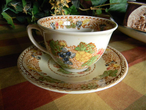 Brown Polychrome Transferware Woods Teacup Tea Cup and Saucer Flowers and Grapes LG