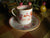 Antique Aesthetic Transferware Red Polychrome Oriental Motif  Demitasse  Cup and Saucer Flowers Pagoda