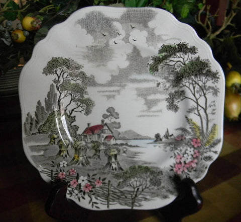 J. G. Meakin Square Brown English Transfer Ware Plate Cottage Field of Haycocks Cottage Lake