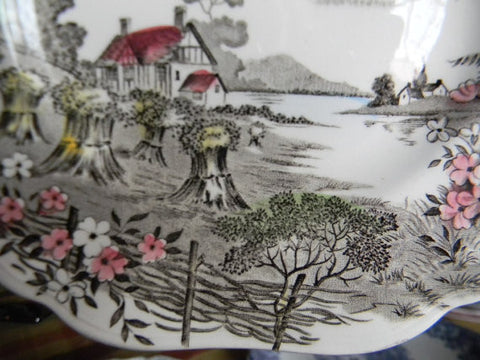 J. G. Meakin Square Brown English Transfer Ware Cereal Bowl Field of Hay Stacks Cottage Lake