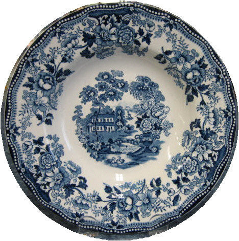 Blue Transferware Soup or Salad  Bowl Wading Swans Waterfall Roses Sail Boat