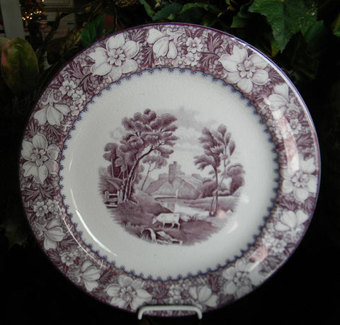Purple Transferware Plate Grazing Cow Lake Mountains Flowers
