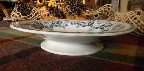 Antique  Flow Blue Gray Transferware  Footed Compote  Serving Dish Rose Wreath Charles Meigh