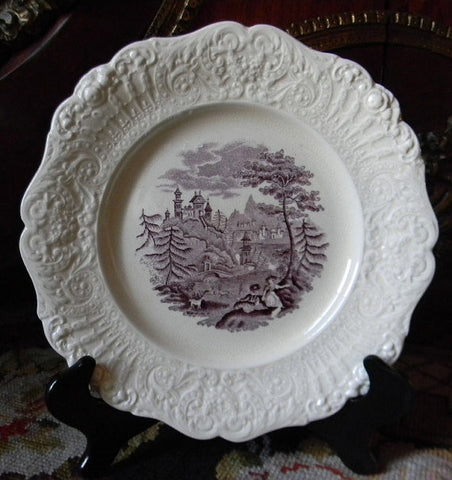 Antique Purple Aubergine English Transferware Plate Embossed Border Romantic Couple Picnic Pastoral Goats
