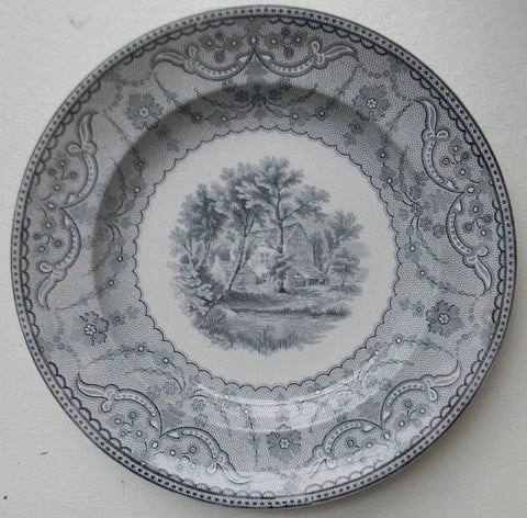 Circa 1857 - 80 Spode Copeland Light Gray ish Black Transferware Plate Lace Border Cottage  Richmond Views