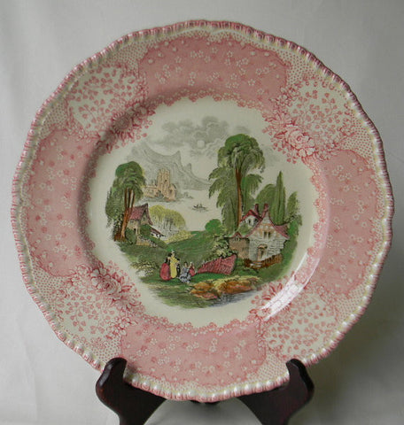 Victorian Cottage English Polychrome Red / Pink Transferware Scenic Plate Royal Doulton Chatham