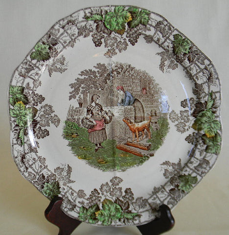 Spode Byron Brown Transferware Cake Platter Farm Dog Chickens Ivy Trellis