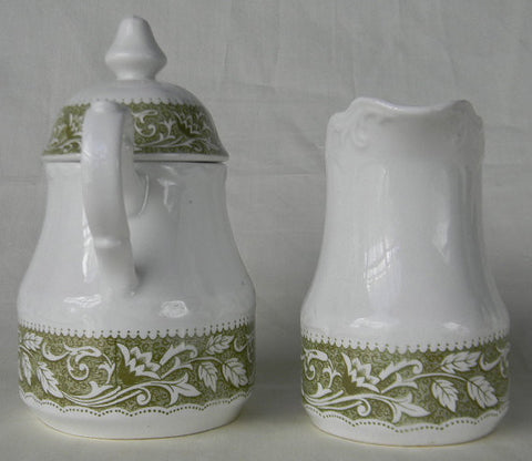 Sage Olive Green  Transferware Sugar Bowl and Creamer Cream Pitcher Scrolls Leaves Vines