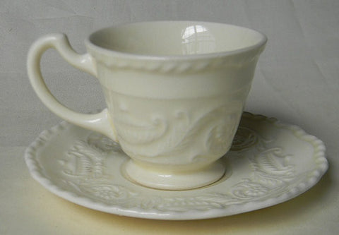 Vintage  CreamWare Cream Ware Demitasse Cup and Saucer  w/ Embossed Urns and Floral Scrolls Border