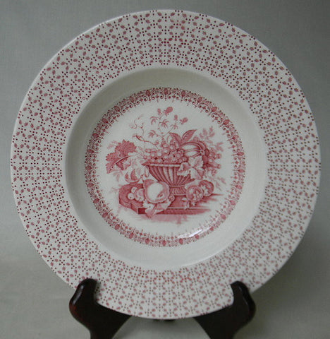 Vintage English Transferware Red Soup Plate / Shallow Bowl  - Victorian Still LIfe Basket of Fresh Fruit