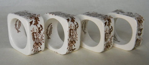 Brown English Transferware Napkin Ring Tonquin Flowers Roses  Hard to Find Set of Four