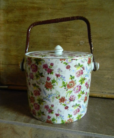 Chintz Biscuit Barrel - Original Wicker Handle - Flowers
