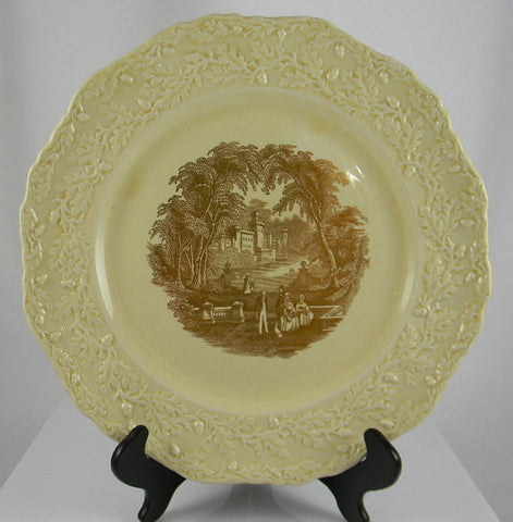 Masons Vista Metallic Gold Transferware CreamWare Scenic Plate Dog Park Couples RARE Embossed Oak Leaf & Acorn Border