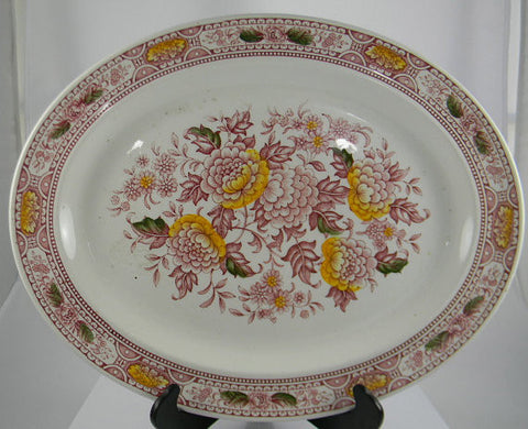 Large Red English Ironstone Transferware Canterbury Platter Handpainted Flowers