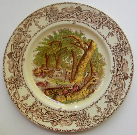 Vintage English Brown Transferware Plate Mother Child Dog Woodcutter Rural Scenes
