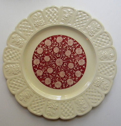 Coalport Red English Transferware Floral Chintz Dahlia or Chrysanthemum Embossed Border Creamware Plate England Vintage Coalport
