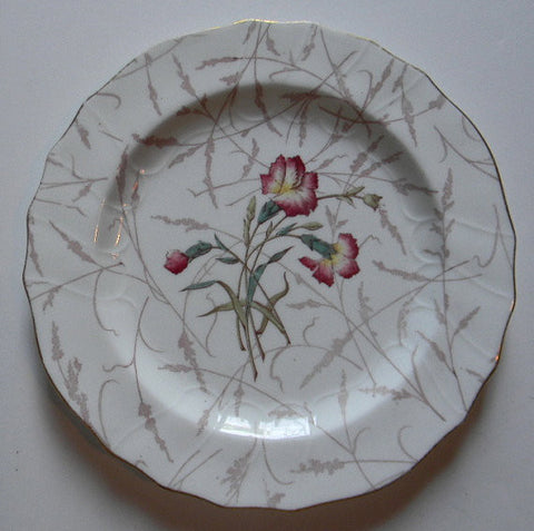 19C Antique Botanical Transferware Plate - Carnation Flowers - Brown Westhead Moore BWM - Hand Painted - Shabby Cottage Decor