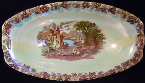Brown Transferware Lustre Ware Rectangular Serving Bowl Castle Grazing Sheep Cows Cattle