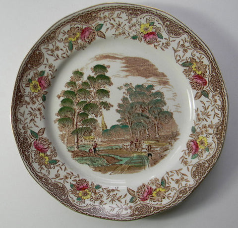 Brown Transferware Plate Farmer Horse & Cart Pastoral Scene Plate