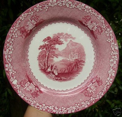 Jenny Lind Red Transferware Salad Bowl Royal Staffordshire English China Mountains Castle