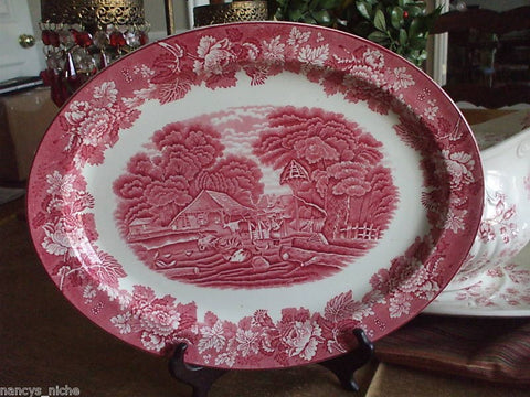 Large Vintage Red TRANSFERWARE PLATTER GIRL FEEDING FARM ANIMALS PIGS CHICKENS COWS ENGLAND Peonies