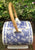 Blue Chintz Calico Transferware Biscuit Barrel w/ Original Bamboo Handle Grazing Cattle Cows