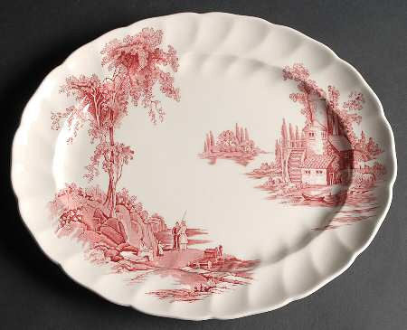 Vintage Red Transferware Platter Mill Stream Picnic English China