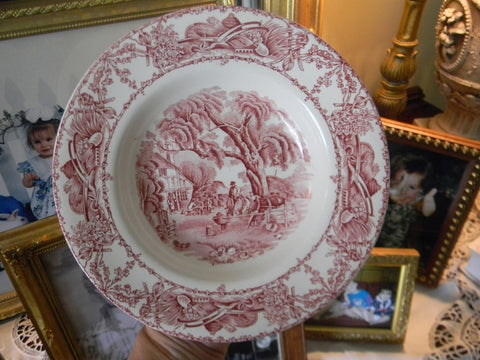 Red Pastoral Davenport Transferware Bowl Chickens Horse Farm Bee Skep Rural Scenes