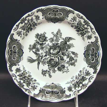 Vintage Black English Transferware Plate Roses Birds Pheasants 10"