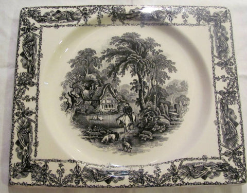 Rectangle Black Transferware Platter Tray Biarritz A J Wilkinson Farm and Horse Scene