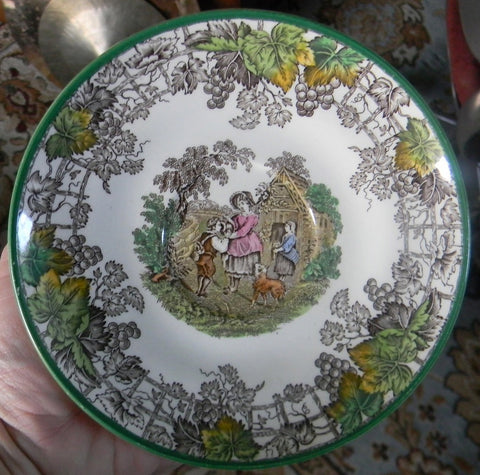 Spode Byron Brown Transferware Plate Mother Giving Boy a Drink Dog Green Trim