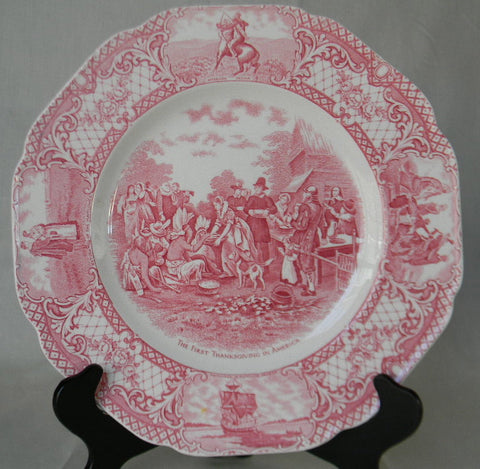 Red / Pink Transferware Plate The First Thanksgiving Colonial Times American History / Historical Staffordshire
