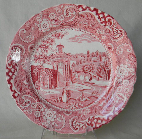 Red Transferware 8" Salad Plate Strolling Couple Gazebo Geometric Border Landscape