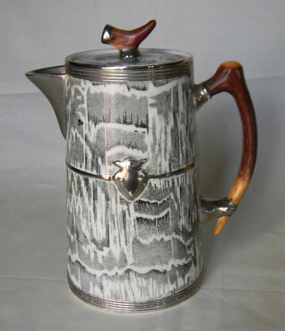 Circa 1934 Faux Bois Black English Transferware Coffee Hot Water Pot Silver Shield Wood Grain Antler Shaped Details