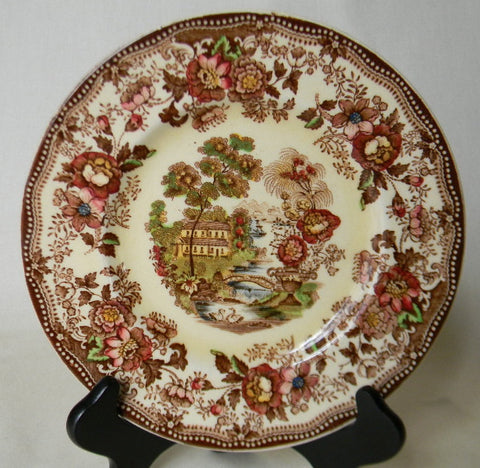 Vintage Brown Polychrome Transferware Toile 8" Salad Plate Tonquin Cottage Swans and Roses