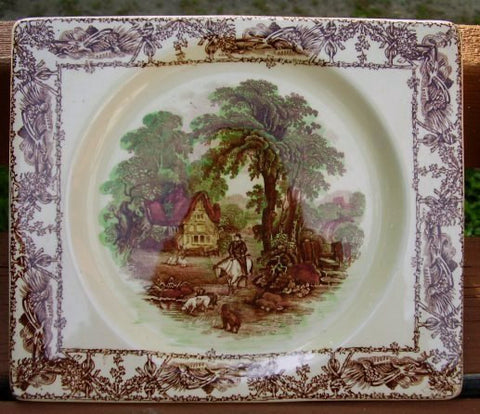 Square Rectangular Brown Transferware Platter Biarritz Platter Tray Pastoral Rural Scenes
