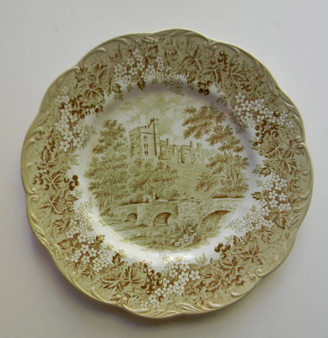 10” Sage / Olive Green Romantic England Transferware Plate Bridge Castle Flowers