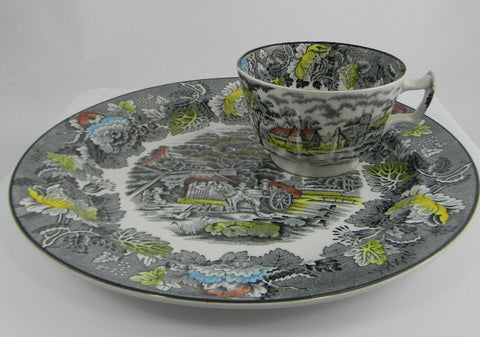 Scenic Black / Gray English Transferware Horse Farm Peony Flowers Dinner Plate & Cup Set