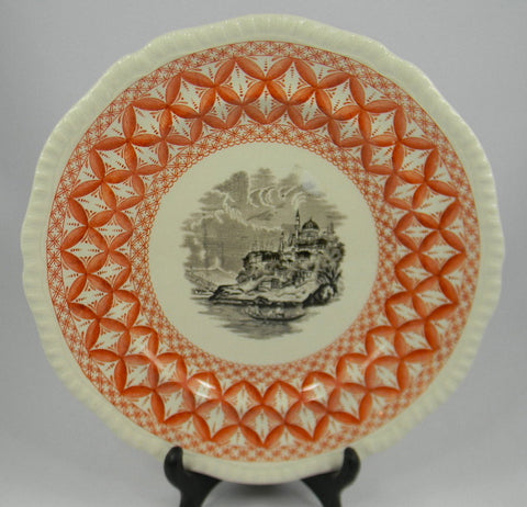 2 Color Transfer Ware Plate Black and Rust / Brick Red Vintage Staffordshire China Spode Copeland Italian Countryside Gondola Boating Scene