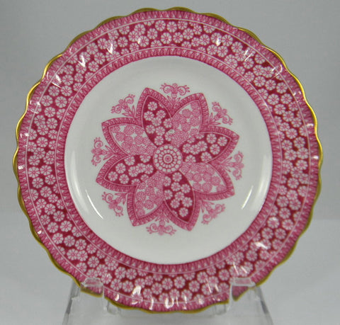 Vintage Spode Copeland Cranberry Pink Red Transferware Gilt Trim Side Plate Snowflake / Kaleidoscope Lace Rose