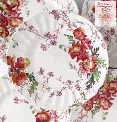 Vintage Royal Doulton Spring Poppy Flower Poppies Salad Plate Hand Painted Transferware Pink Purple Yellow Green