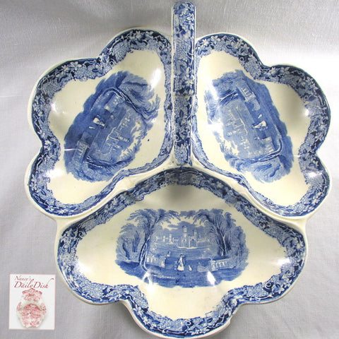 Mason's Vista Blue Transferware 3 Section Hors D'oevres Handled Trefoil Relish Dish Tray Oak Leaves