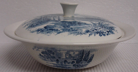 Wedgwood Blue Transferware Covered Dish / Tureen / Casserole English Countryside Bridge Castle