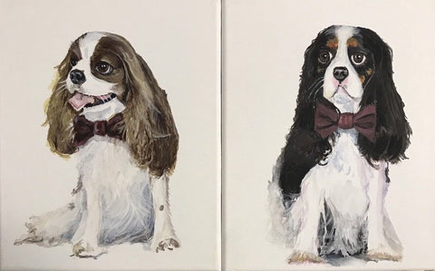 Pair of Original Artist Signed Painting King Charles Cavalier Spaniel Dog Portraist w/ Burgundy Bow