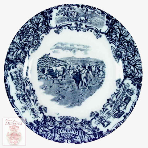 Scenic Cattle Drive Cow Plate Antique Wedgwood Dark Navy Blue Transferware