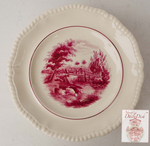 Rare Copeland Spode Duncan Rural Scenes Pink Red Transferware Plate Cows & Bridge