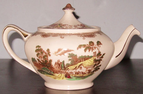 Brown Polychrome Transferware Tea Pot Teapot Olde England Fishing Stream Thatched Cottage